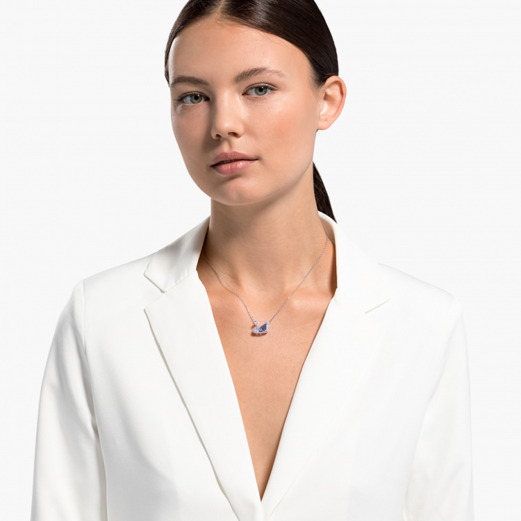 Dancing Swan Necklace, Blue, Rhodium plated