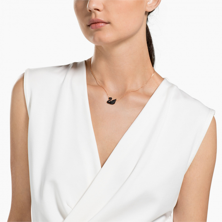 Swarovski Iconic Swan Pendant, Black, Rose-gold tone plated