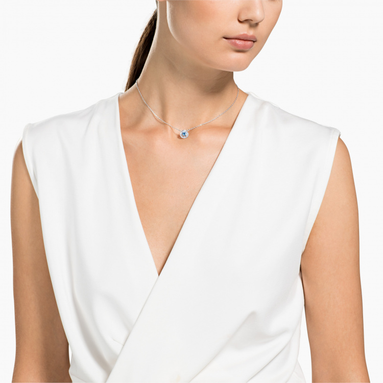 Una necklace Round cut, Blue, Rhodium plated