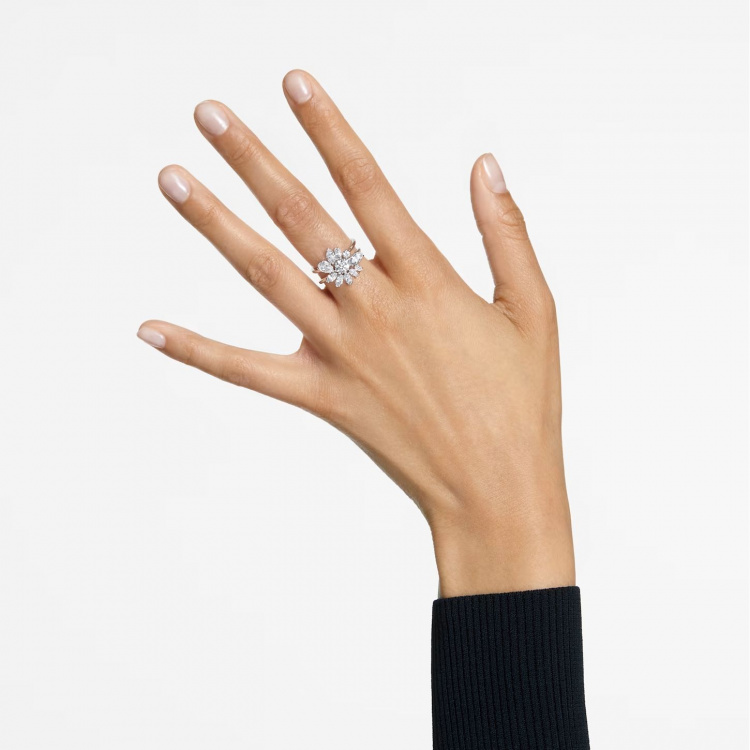 Gema cocktail ring, Flower, White, Rhodium plated