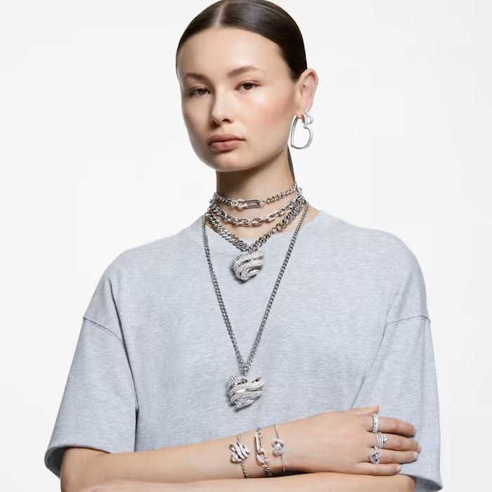 Dextera necklace Statement, Mixed links, White, Rhodium plated