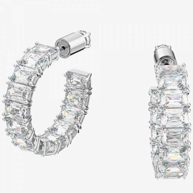 Millenia hoop earrings, Octagon cut, White, Rhodium plated