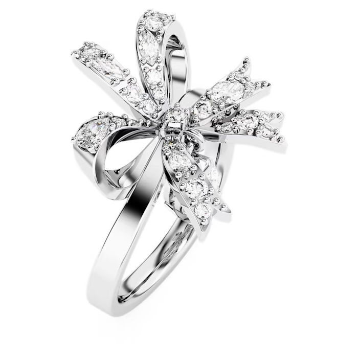 Volta cocktail ring Bow, Small, White, Rhodium plated