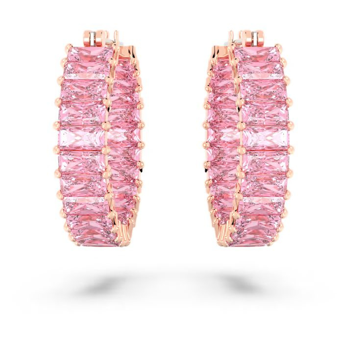 Matrix hoop earrings Baguette cut, Pink, Rose gold-tone plated