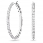 Stone Hoop Pierced Earrings, White, Rhodium plated