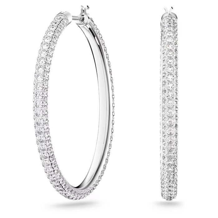 Stone Hoop Pierced Earrings, White, Rhodium plated
