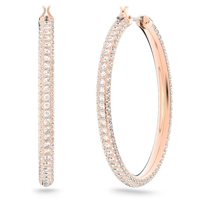 Stone Hoop Pierced Earrings, Pink, Rose-gold tone plated