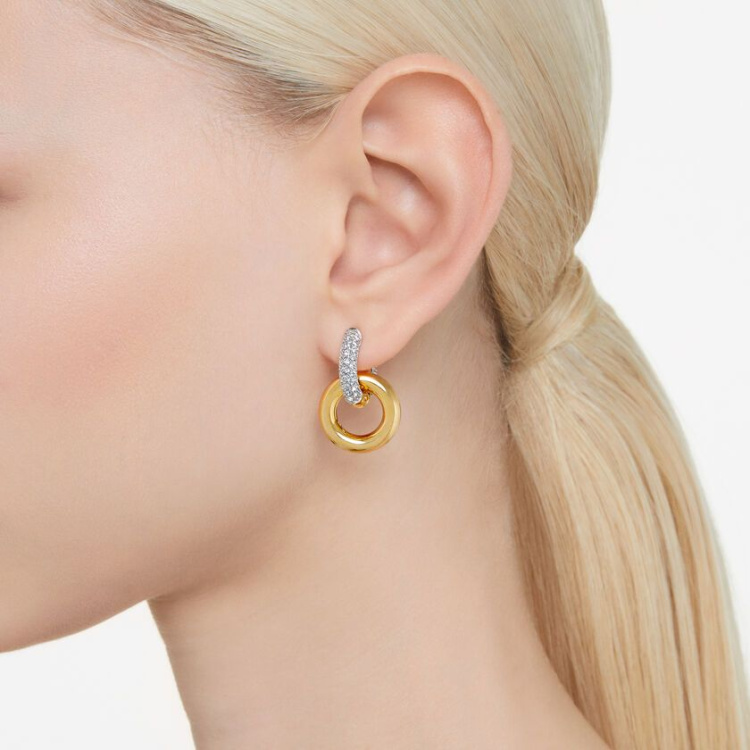 Dextera hoop earrings Interlocking loop, White, Gold-tone plated