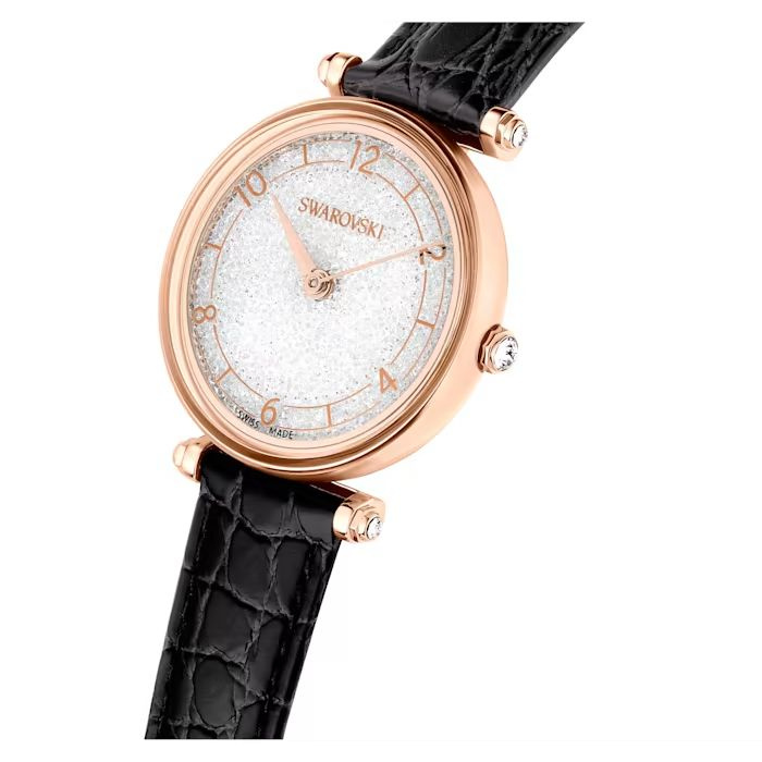 Crystalline Wonder watch Swiss Made, Leather strap, Black, Rose gold-tone finish
