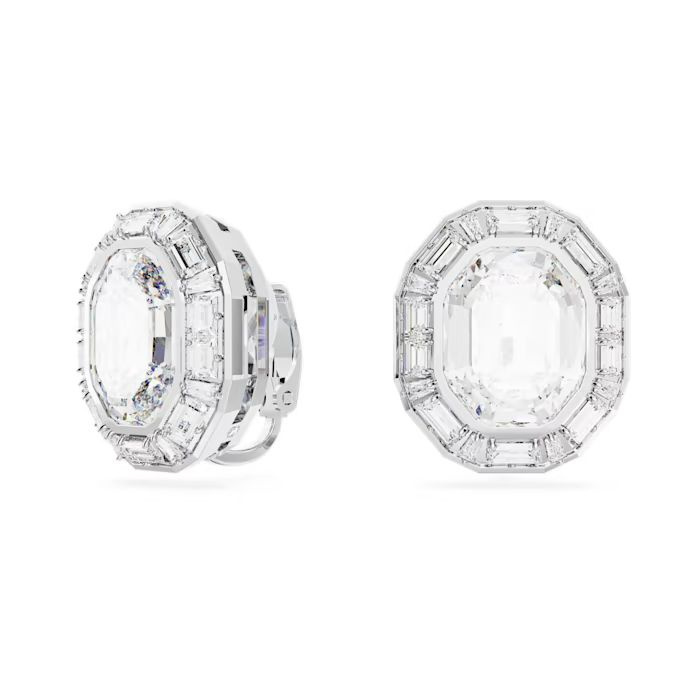 Mesmera clip earrings Octagon cut, White, Rhodium plated