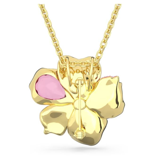 Idyllia pendant and brooch Pavé, Flower, Pink, Gold-tone plated