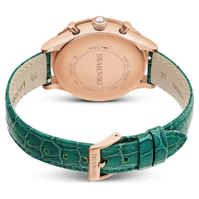 Octea Chrono watch Swiss Made, Leather strap, Green, Rose gold-tone finish