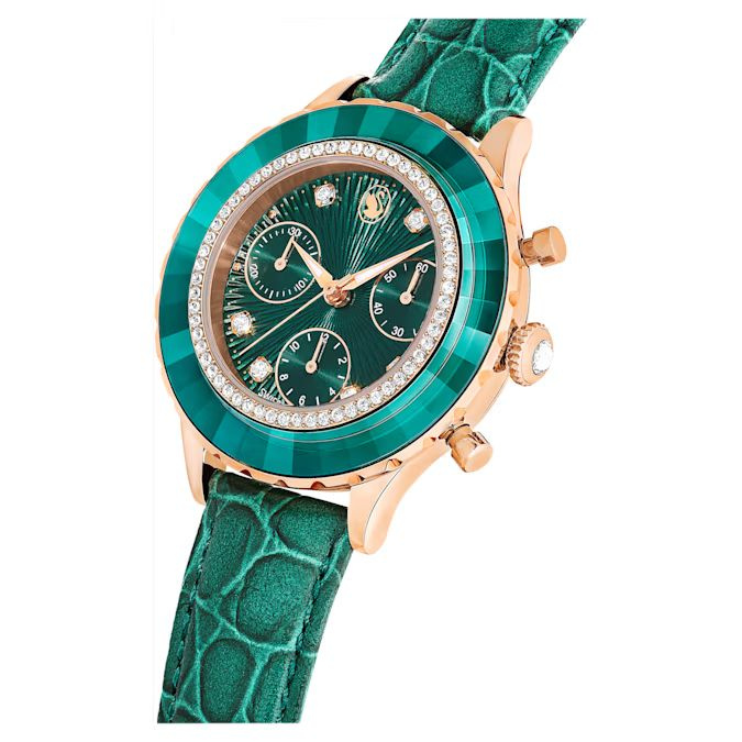 Octea Chrono watch Swiss Made, Leather strap, Green, Rose gold-tone finish