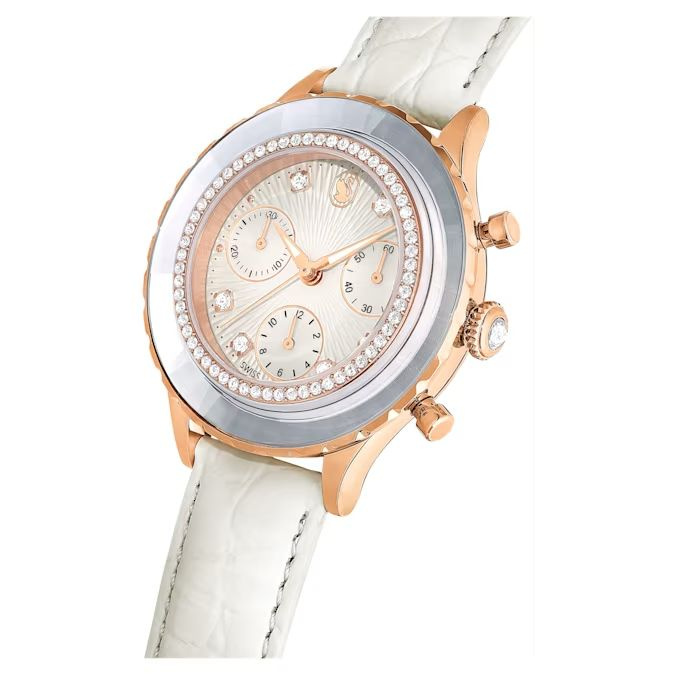 Octea Chrono watch Swiss Made, Leather strap, White, Rose gold-tone finish