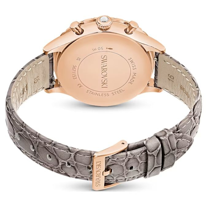 Octea Chrono watch Swiss Made, Leather strap, Gray, Rose gold-tone finish