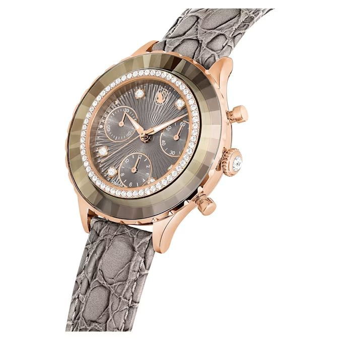 Octea Chrono watch Swiss Made, Leather strap, Gray, Rose gold-tone finish