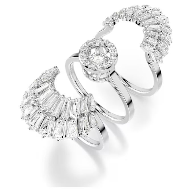Idyllia ring Set (3), Mixed cuts, Shell, White, Rhodium plated