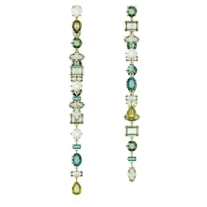 Gema drop earrings Asymmetrical design, Mixed cuts, Extra long, Green, Gold-tone plated