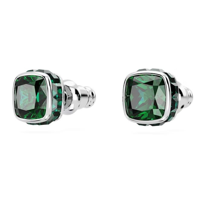 Birthstone stud earrings Square cut, May, Green, Rhodium plated