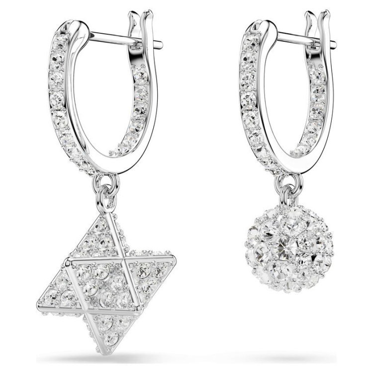 Dextera drop earrings Asymmetrical design, Round cut, Star and sphere, White, Rhodium plated