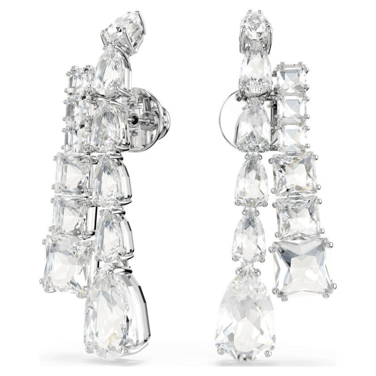 Matrix drop earrings Mixed cuts, White, Rhodium plated
