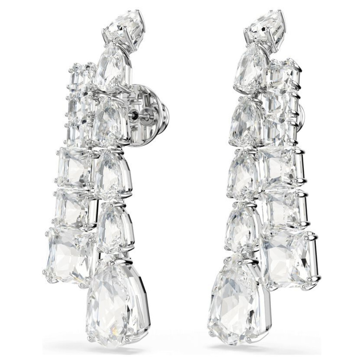 Matrix drop earrings Mixed cuts, White, Rhodium plated