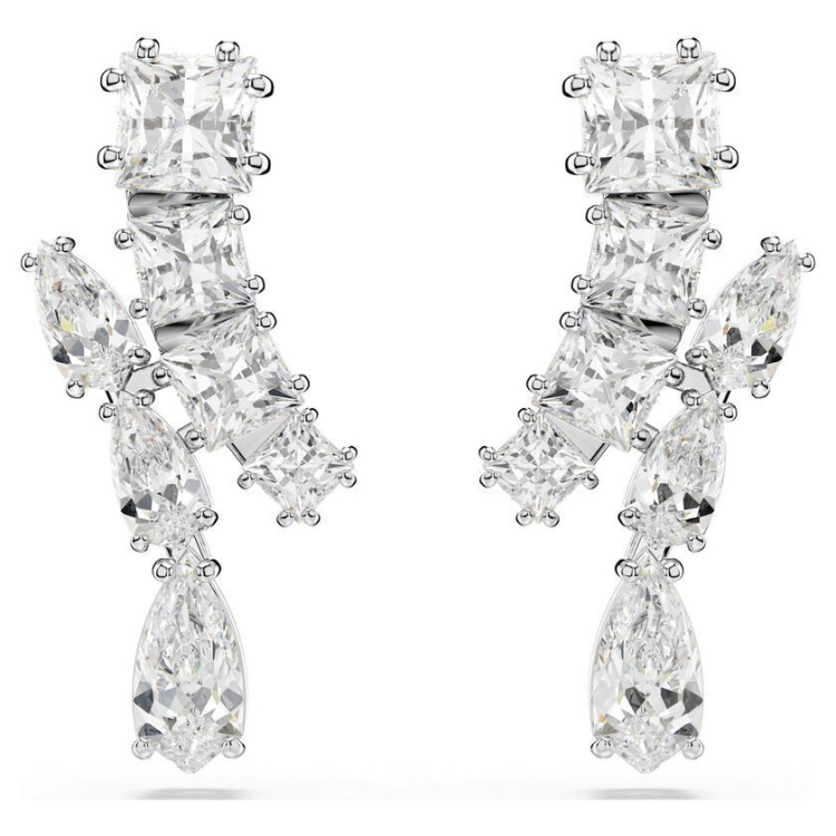 Matrix drop earrings Mixed cuts, White, Rhodium plated