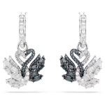 Swan drop earrings Swan, Black, Rhodium plated