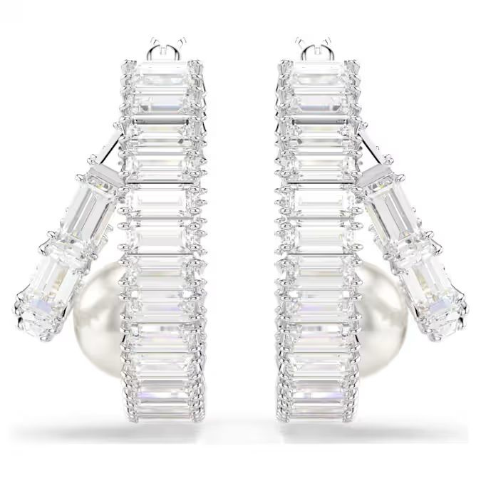 Ariana Grande x Swarovski hoop earrings Crystal pearl, Baguette cut, White, Rhodium plated