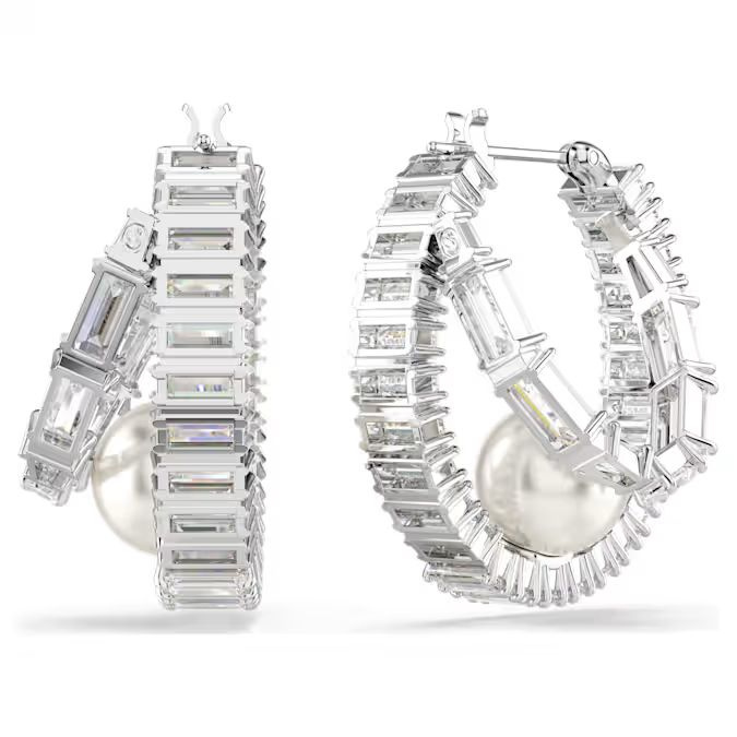 Ariana Grande x Swarovski hoop earrings Crystal pearl, Baguette cut, White, Rhodium plated