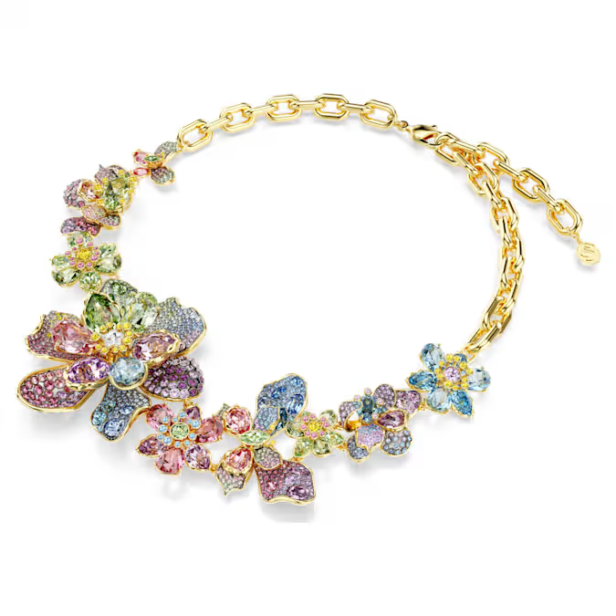 Idyllia necklace Mixed cuts, Pavé, Flower, Multicolored, Gold-tone plated