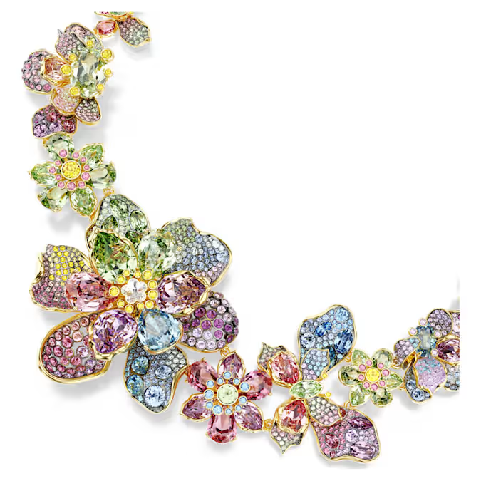 Idyllia necklace Mixed cuts, Pavé, Flower, Multicolored, Gold-tone plated
