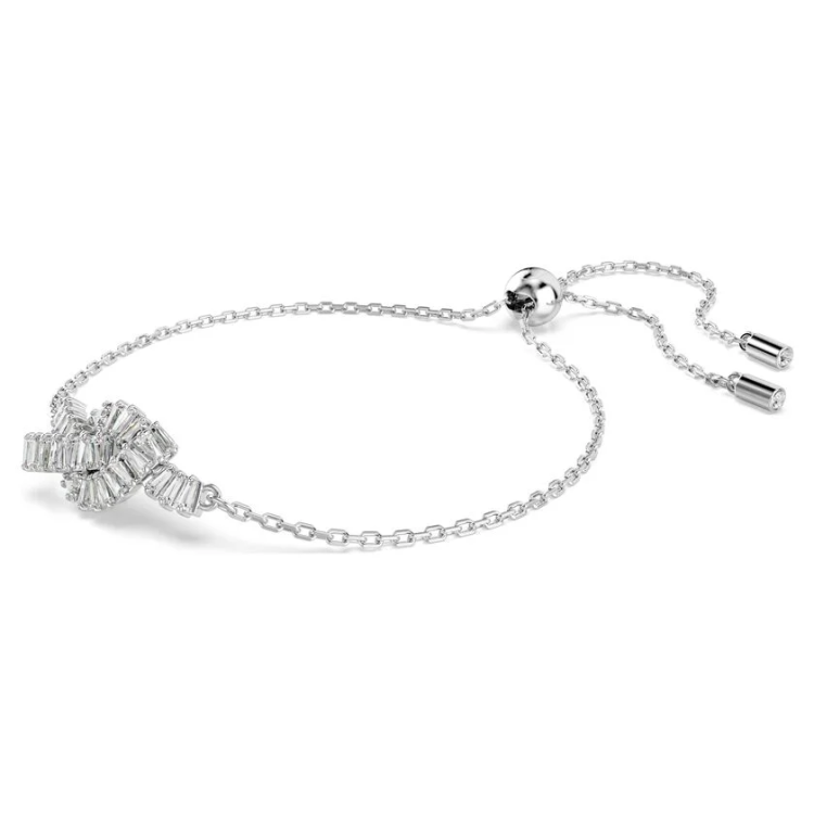 Matrix bracelet Baguette cut, Knot, White, Rhodium plated