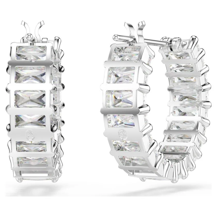 Matrix hoop earrings Baguette cut, White, Rhodium plated