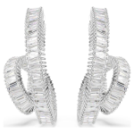 Matrix hoop earrings Baguette cut, Ribbon, White, Rhodium plated