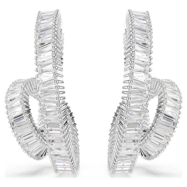 Matrix hoop earrings Baguette cut, Ribbon, White, Rhodium plated