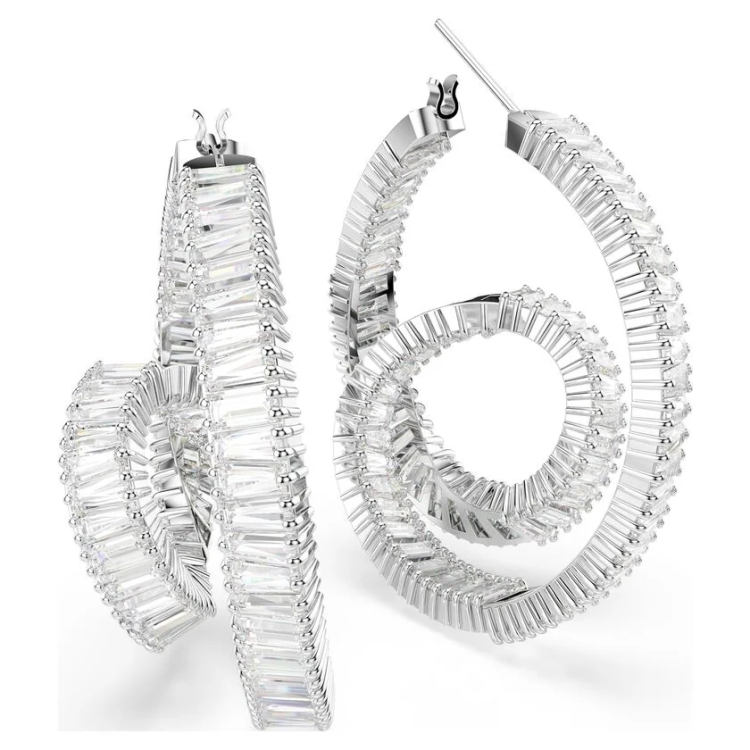 Matrix hoop earrings Baguette cut, Ribbon, White, Rhodium plated