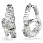 Matrix hoop earrings Baguette cut, Ribbon, White, Rhodium plated