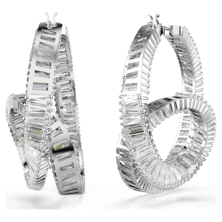 Matrix hoop earrings Baguette cut, Ribbon, White, Rhodium plated
