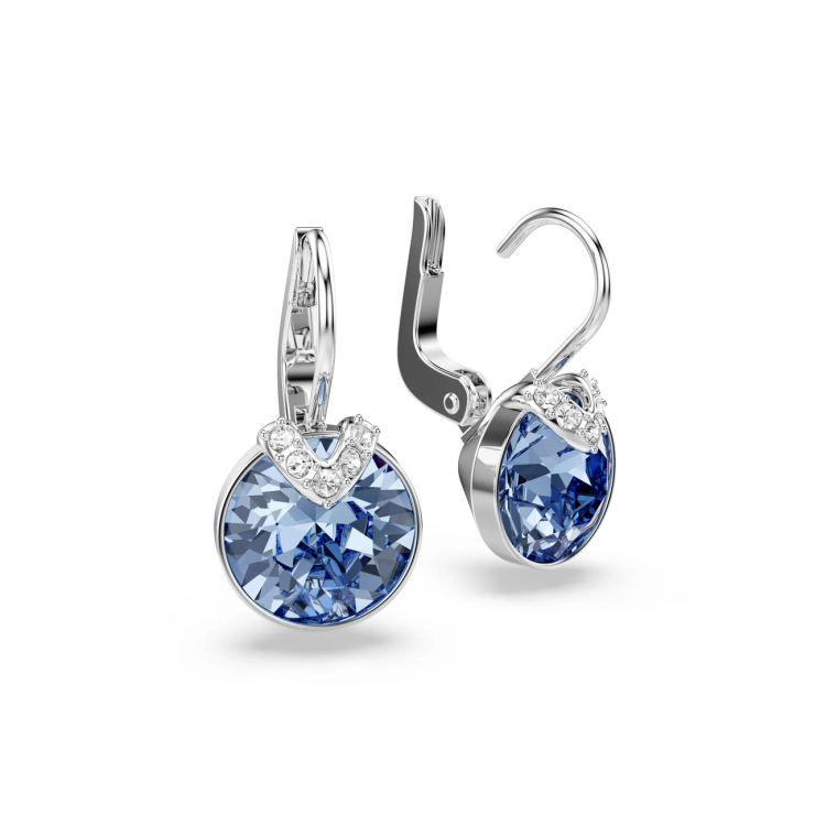 Bella V drop earrings Round cut, Blue, Rhodium plated