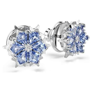 Magic stud earrings Snowflake, Blue, Rhodium plated