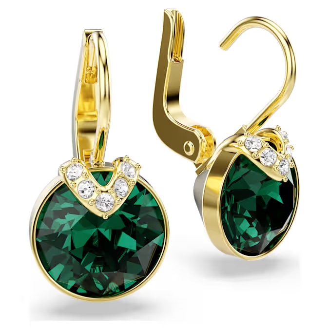 Bella V drop earrings Round cut, Green, Gold-tone plated