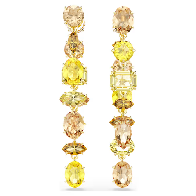 Gema drop earrings Asymmetrical design, Mixed cuts, Long, Yellow, Gold-tone plated