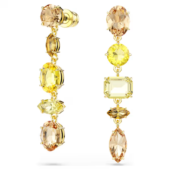 Gema drop earrings Asymmetrical design, Mixed cuts, Long, Yellow, Gold-tone plated