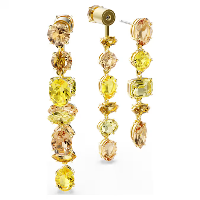 Gema drop earrings Asymmetrical design, Mixed cuts, Long, Yellow, Gold-tone plated
