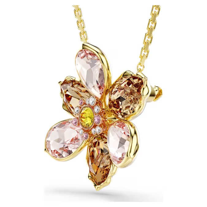 Idyllia pendant and brooch Mixed cuts, Flower, Multicolored, Gold-tone plated
