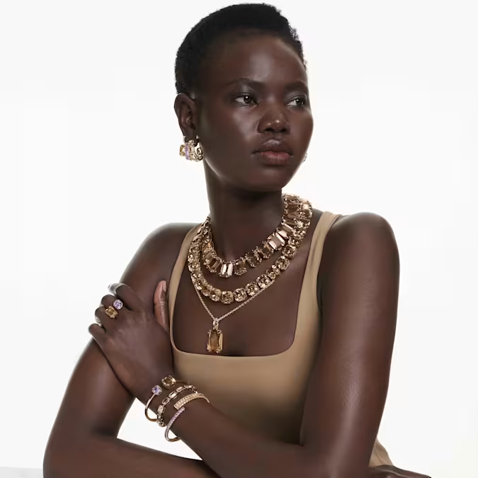 Millenia Tennis necklace Oversized crystals, Octagon cut, Caramel, Gold-tone plated