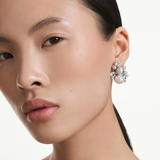 Constella earrings Crystal pearl, Round cut, White, Rhodium plated