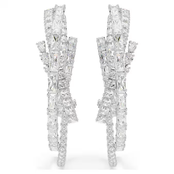 Matrix hoop earrings Mixed cuts, White, Rhodium plated