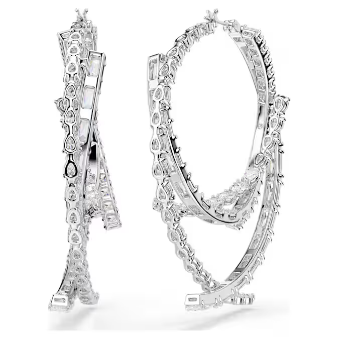 Matrix hoop earrings Mixed cuts, White, Rhodium plated